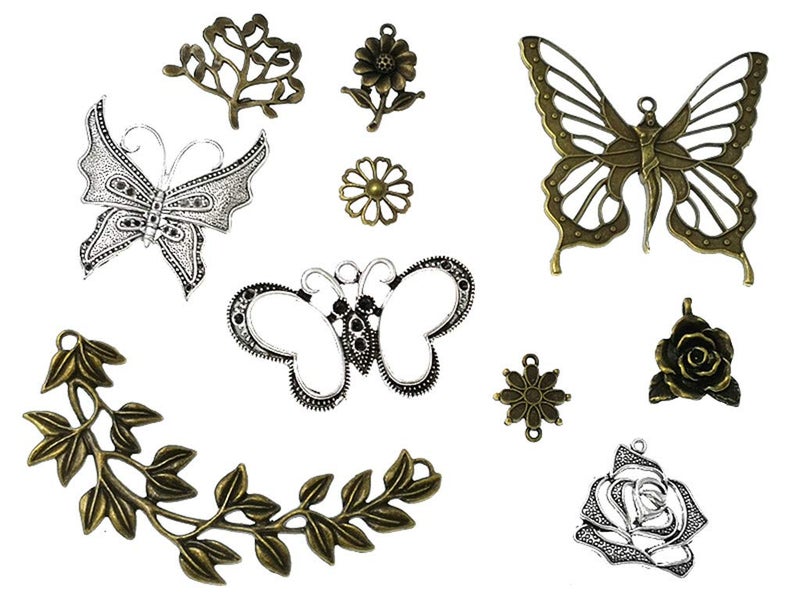 Kinteshun Butterfly Flower Leaf Charm Pendant for DIY Jewelry Making Accessaries(29pcs,Silver&Bronze Tones) - Image 3
